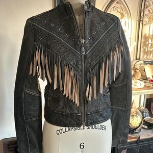 Affliction limited addition leather Fringe jacket embroidered eagle Rtl $595 S